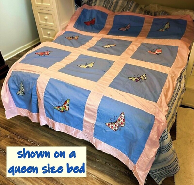 #ad Vintage Butterfly Applique Unfinished Quilt Top Blue Pink 66 x 86 Inch Handmade