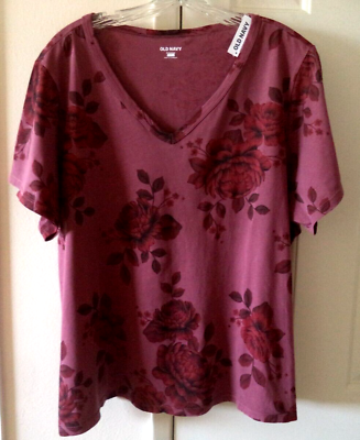 #ad So Pretty Old Navy Red Rose Floral on Muted Burgundy Red T shirt XL 16 18 1X XL