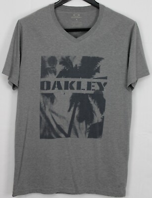 #ad OAKLEY Large Unisex Top Short Sleeve V Neck Tee Heather Gray w Dark Gray Print