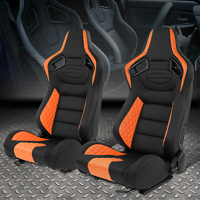 #ad Pair Universal Blackamp;Orange Vinyl Adjustable Reclinable Racing Seats w Sliders