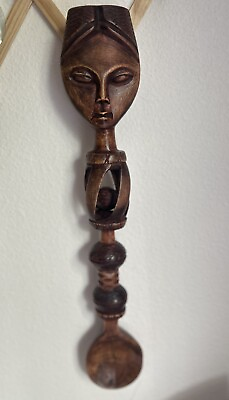 #ad Spoon shaped Wall Sculpture Face Carved Wood African Ethnographic