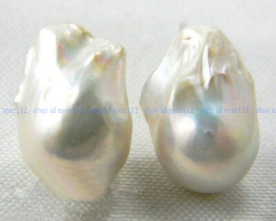 #ad Huge 14x20mm White Natural Freshwater Keshi Reborn Baroque Pearl Earrings AAA
