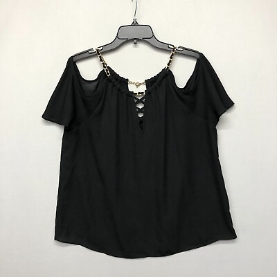 #ad INC Women Short Sleeve Cold Shoulder Blouse Top Shirt Size Large Black B256 27