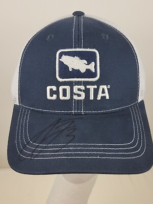 #ad Costa Del Mar Bass Trucker Hat Snapback Mesh Navy White Cap Signed Austin Dillon