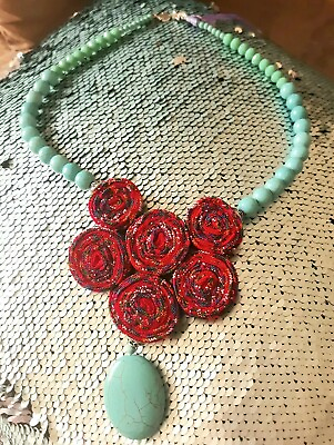 #ad Jeurly Stone Turquoise Necklace 12 1 2quot; 6 Buttons Artesian Textiles HandMade