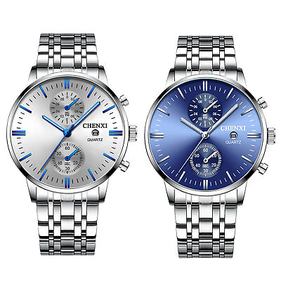 #ad Men#x27;s White Blue Dial Sport Date Quartz Analog Wrist Watch Stainless Steel Watch