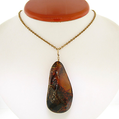 #ad Vintage 18K Solid Gold Large Natural Baltic Brown Amber Pendant w 22quot; Chain