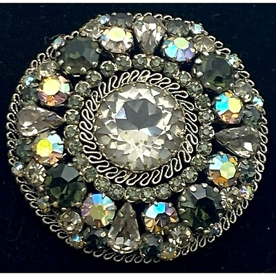 #ad Vintage Austrian Crystal Brooch MARKED Austria Aurora Borealis Filigree Metal