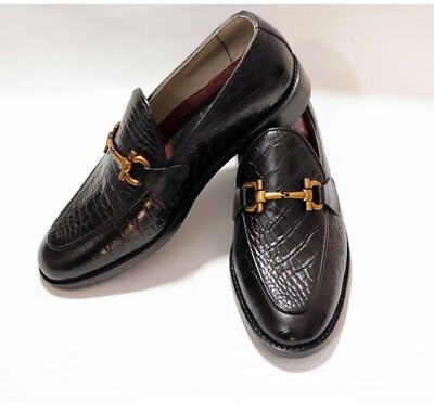 #ad Mens Handmade BLack Crocodile Pattern Leather Dress Shoes Formal Loafers For Men
