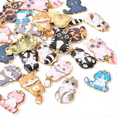 #ad 24Pcs Cute Alloy Pendants Cat Shape Charms with Enamel Jewelry Making 19.5 38mm