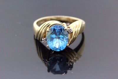#ad Estate Sale 14K Yellow Gold Diamond Ring with Blue Topaz Sz 7