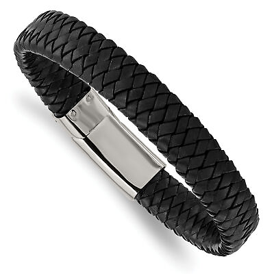 #ad Chisel Stainless Steel Polished Black Woven Leather 8.5 inch Bracelet SRB1341