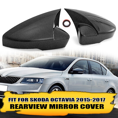 #ad 2x Carbon Fiber Black Rearview Mirror Cover Bat Style For Skoda Octavia 2015 17