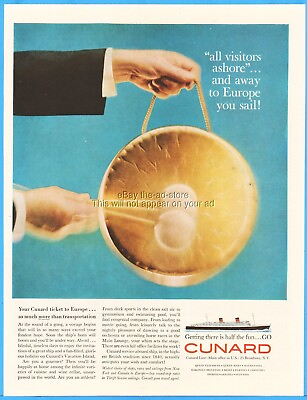 #ad 1960 Cunard Line Queen Elizabeth Queen Mary Cruise Ship Visitors Ashore Gong Ad