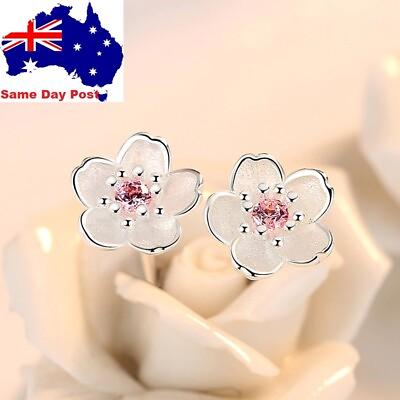 #ad Cherry Flower Blossoms Flower Crystal Stud Earring Silver Colour Ear Studs AU $5.91