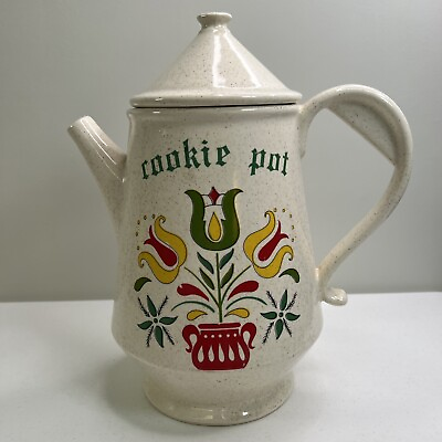 #ad Vintage McCoy quot;Cookie Potquot; Cream Color Cookie Jar Dutch Folk Art Design Tulips
