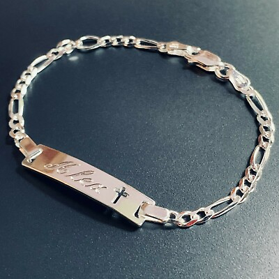 #ad 925 Sterling Silver Figaro Cross Childrens or Baby ID Bracelet Free Engraving