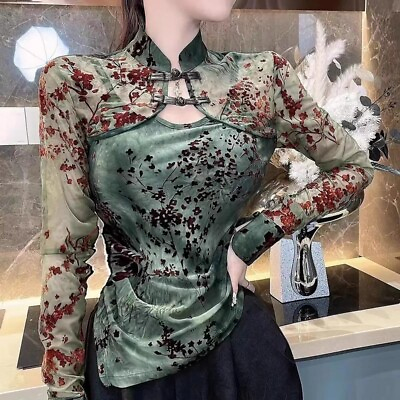 #ad Women Mesh Splicing Shirt Chinese Style Cheongsam Tops Slim Fit Retro Printed