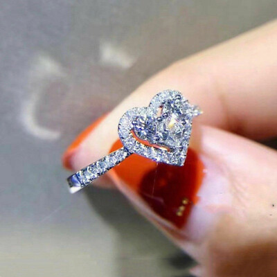 #ad Women Heart Shape 925 Silver Cubic Zircon Ring Cute Wedding Jewelry Sz 6 10