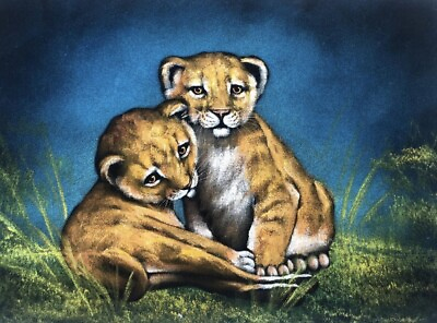 #ad Baby Tigger Puma Cub Feline Cat Old vintage black velvet oil painting art $65.00