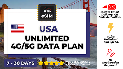#ad Voyafly USA eSIM Unlimited High Speed Data QR Code Activation No Verification $22.50