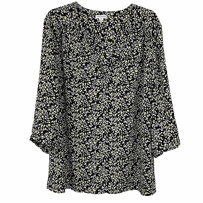#ad Carolina Belle Montreal Blouse Black Yellow Floral Pull On Top Fabric Buttons 2X