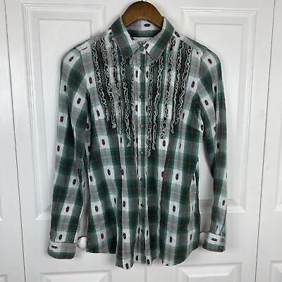 #ad Ryan Michael Size S Men Button Down Shirt Green South Western Embroidered Plaid