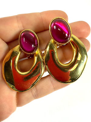 #ad Vintage Earrings Clip On Pink Cabochon Door Knocker 90s Style Chunky