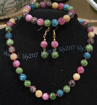 #ad Natural Multicolor Tourmaline Round Gemstone Beads Necklace Bracelet Earring Set