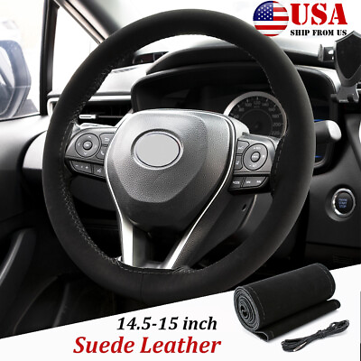 #ad 15quot; DIY Non Slip Genuine Leather Suede Steering Wheel Cover Car Protector US
