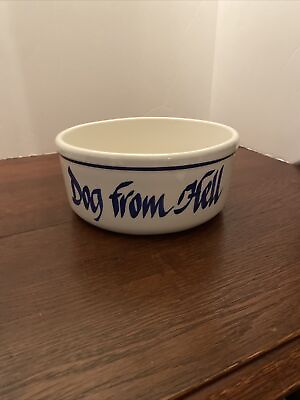 #ad Clay Design Dog From Hell Heavy Ceramic Dog Pet Food Water Bowl Blue Stripe