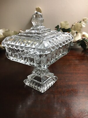 #ad Square Clear Pressed Glass Pedestal Candy Dish with Lid
