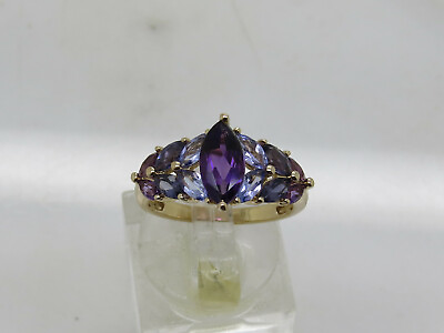 #ad 14k Yellow Gold Marquise Purple Amethyst Tanzanite Cluster Gemstone Ring Size 7