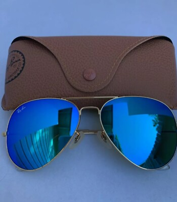 #ad Ray Ban Aviator Sunglasses 112 17 RB3026 62m Gold Frame with Blue Mirror Lenses