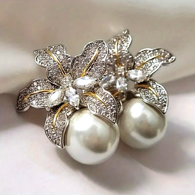 #ad Silver Plated Flower Cubic Zirconia Big Round Faux Pearl Stud Earrings Fashion