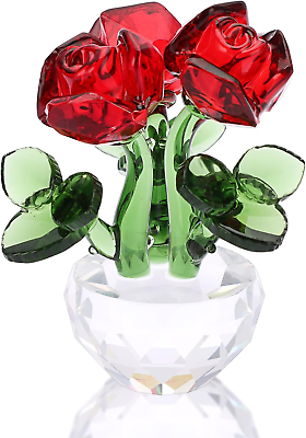 #ad Red Crystal Rose Flower Figurines Collectibles Small Crystal Rose Bouquet Orname