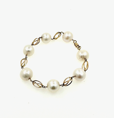 #ad Large White Freshwater Pearls Bracelet Yellow Gold 9ct Bracelet Size 7.4inc 19cm