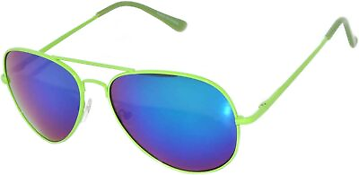 #ad Classic Aviator Sunglasses Neon Green Metale Frame with Spring Hinge Blue Mirror