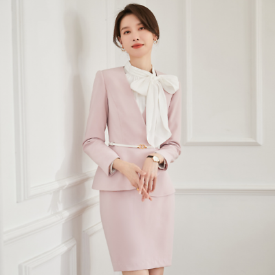 #ad Women Spring High End Fashion Pink Suit Formal Office Clothes 2 Pcs Coatskirt