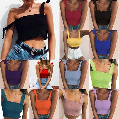#ad Women Fashion Summer Tops Casual Solid Bowknot Camisole Short Vest Crop Tops