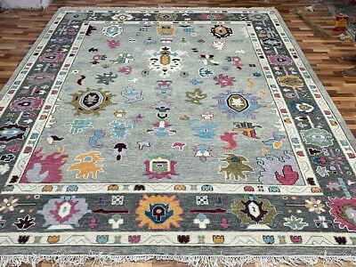 #ad 9x12 Ivory Grey Colorful Modern Vintage Oushak Antique Rug Hand Knotted Oriental
