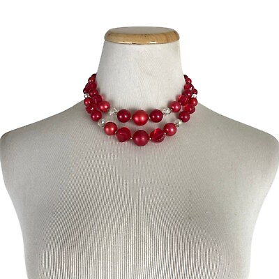 #ad Vintage Red amp; Clear Necklace 1960s double strand Choker Varying Bead Size Fancy