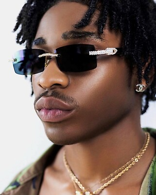 #ad Men#x27;s Sunglasses Hip Hop Quavo Migos DIAMOND Rimless Square Frame Black Lens New