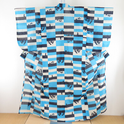 #ad Summer kimono Polyester Checkered cat pattern Blue 61.0inch Women#x27;s