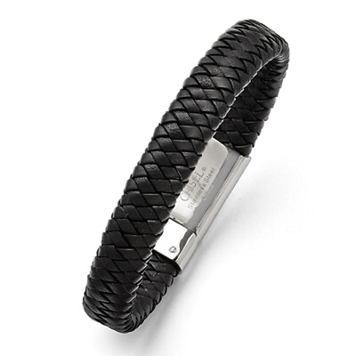 #ad Chisel Stainless Steel Polished Black Woven Leather Bracelet 8.5quot;