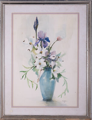 #ad 1956 Impressionist Watercolor On Paper quot;Flowers In Vasequot;
