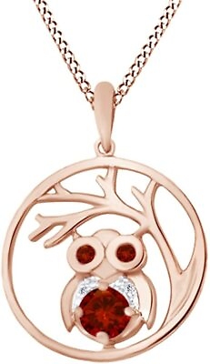 #ad Owl Tree of Life Pendant Necklace Round Simulated Garnet 14K Gold Plated Silver