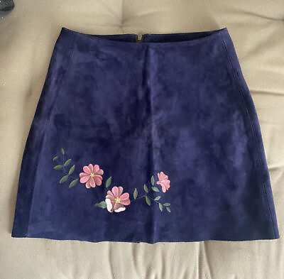 #ad Suede Mini Skirt Sz S SUEDE Flowers Hand painted Pink Boho Lined A Line Leather