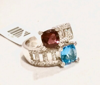 #ad 14k white gold diamond ring with blue topaz and garnet