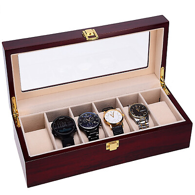 #ad 6 Slot Man Wrist Watch Box Display Case Glass Jewelry Wooden Storage Gift US